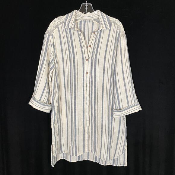 Zara Shirt Dress Linen Blue Cream Striped Lace Shoulder Tunic Style Mini S - Picture 1 of 6